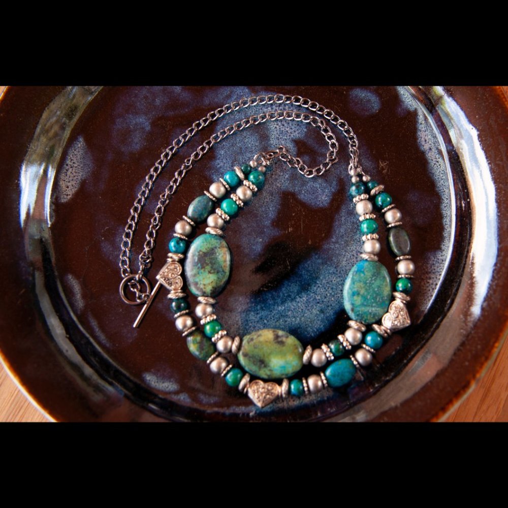 NEW HANDMADE - Double Strand Turquoise and Silver Tone Metal Beads - Picture 6 of 9